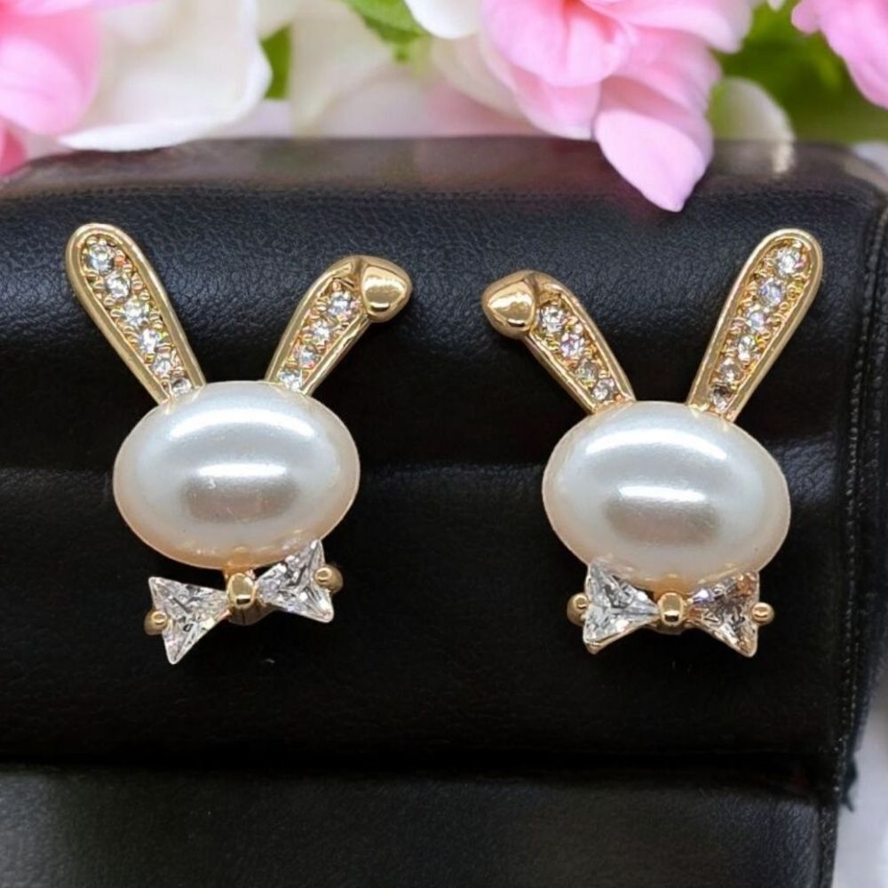Gold Pearl Easter Bunny Rabbit Earrings Spring Cute Rhinestone Studs Jewelry